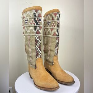 Woven Pattern Tan Suede Heeled Knee-High Boots
